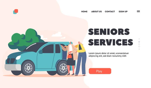 Seniors Services Landing Page Template. Personajul tânăr voluntar ajută o femeie bătrână să stea în mașină. Voluntariat — Vector de stoc