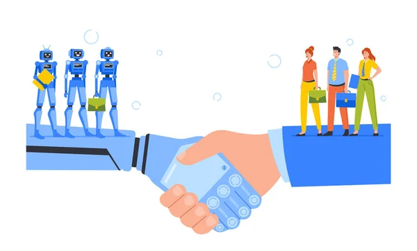 Business Interaction with Artificial Intelligence. Human Characters Team Shake Robot Hand. Partnership Man and Cyborg — Stock Vector