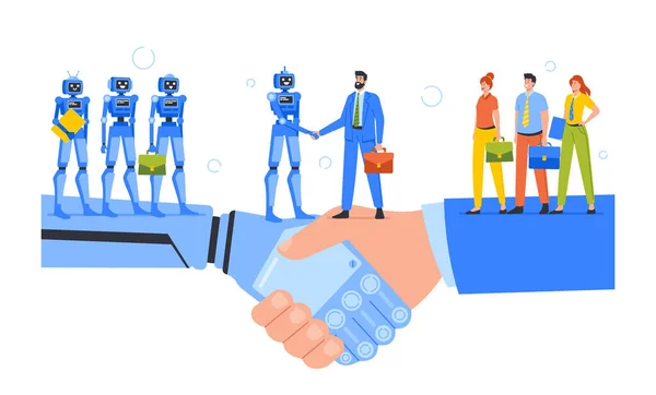 Obchodní spolupráce s koncepcí robotů. Human and Modern Cyborgs Team Characters Handshake, Successful Deal — Stockový vektor