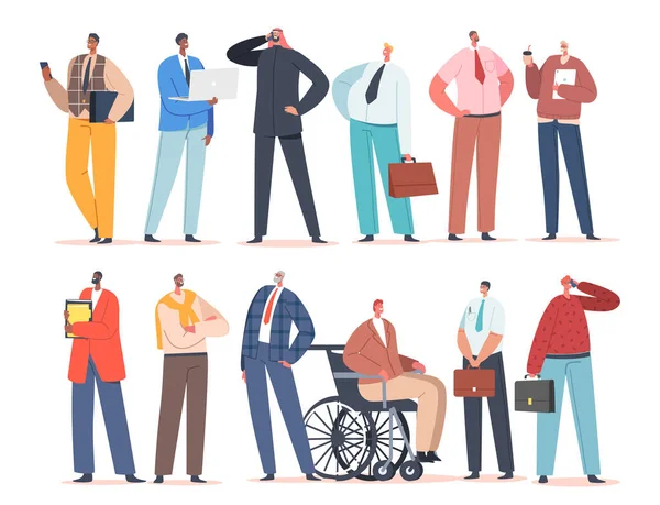 采购产品一套多样化的商业人员群体，男性性格团队，残疾人或健康企业家，办公室工人 — 图库矢量图片
