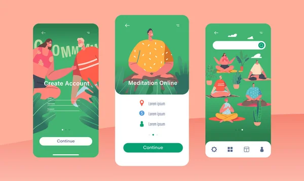 Meditación Online Mobile App Page Plantilla de pantalla a bordo. Personajes masculinos o femeninos Actividad de yoga al aire libre — Vector de stock
