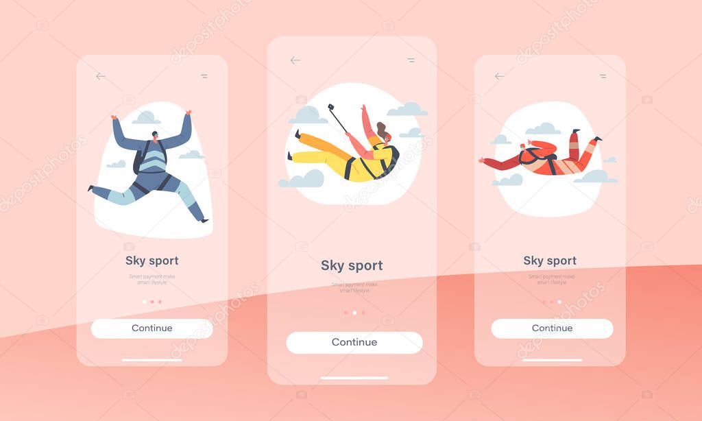 Sky Sport Mobile App Page Onboard Screen Template. Base Jumping, Parachuting Extreme Sports Activity, Recreation