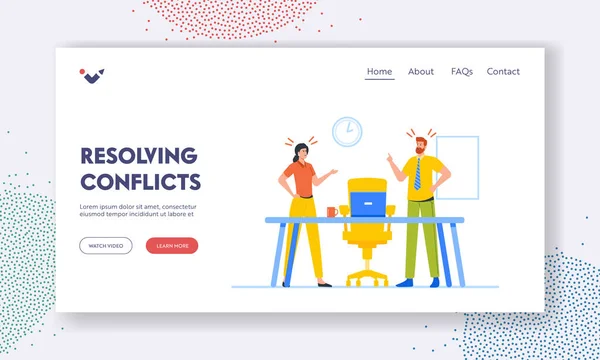 Resolving Conflict Landing Page Template. Business Man and Woman Characters Opponents Arguing and Staring at Each Other — Stock Vector