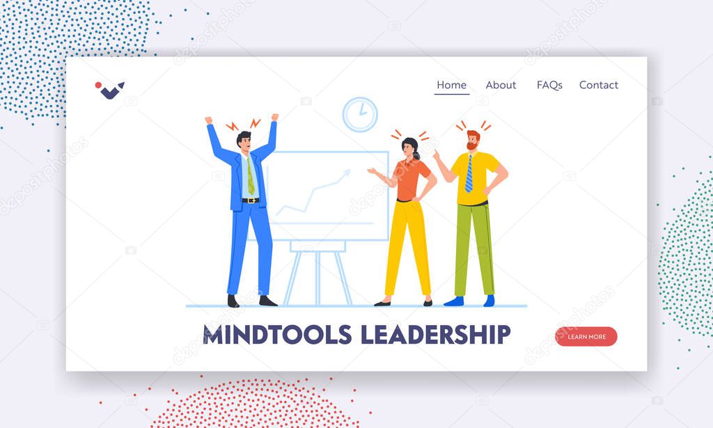 Mindtools Leadership Landing Page Template. Angry Business Men and Woman Quarrel, Fight, Waving Fists, Arguing