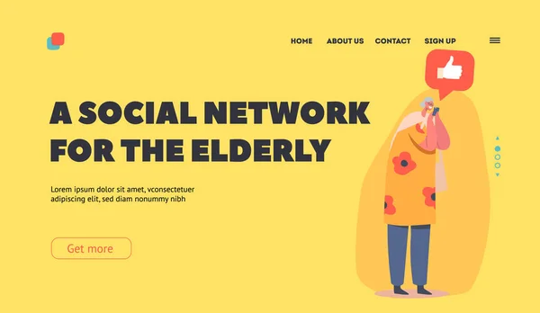 Nonna Parlare dal cellulare Landing Page Template. La donna anziana comunica nei social network — Vettoriale Stock