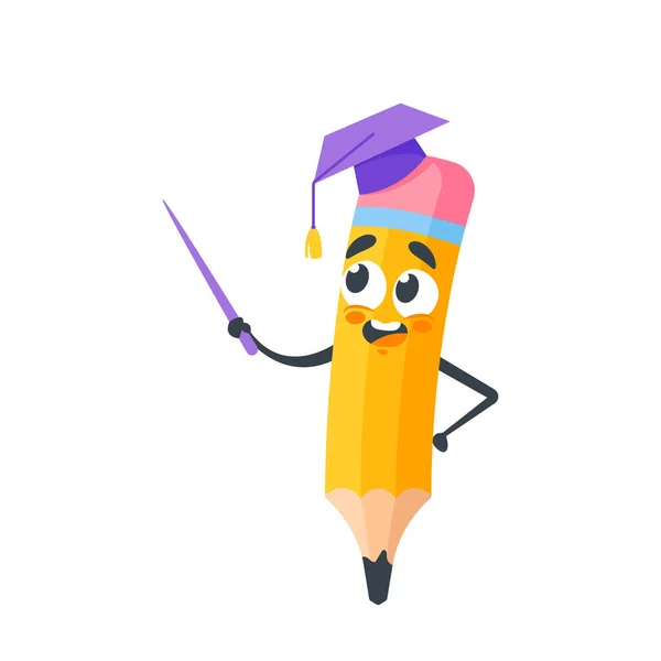 Cartoon Pencil Mascot Character Wear Academic Cap Holding Pointer Isoliert auf weißem Hintergrund. Niedliche stationäre Lehre — Stockvektor