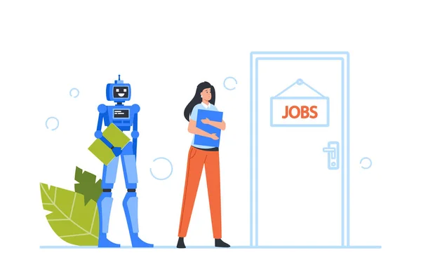 Hr, Robotization, Cyborg VS Human Concept. Robot and Woman Hiring at Work. Female Character and Android Hiring — Stock Vector