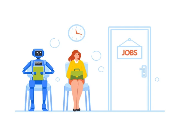 Robot and Woman Hiring at Work. Female Character and Android Waiting Hiring Interview Sitting on Chairs at Office Hall — Stock Vector