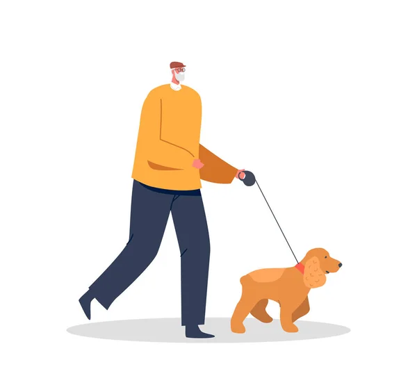 Sonriente anciano personaje masculino caminando con perro aislado sobre fondo blanco. Feliz hombre maduro pasar tiempo con la mascota — Vector de stock