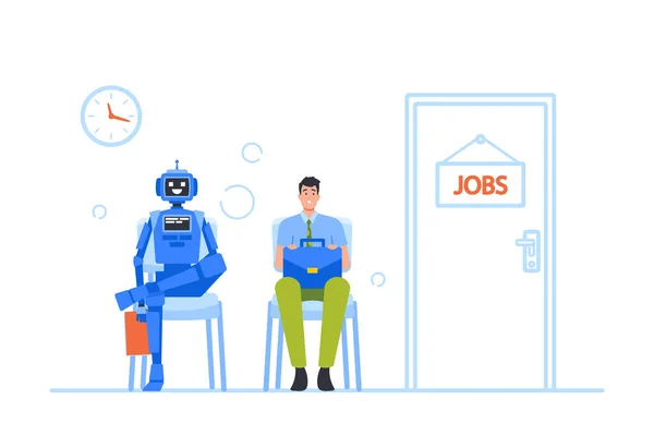 Robot and Businessman Sitting in Lobby Waiting Invitation for Job Interview. Contratación de personajes humanos y de máquina — Vector de stock