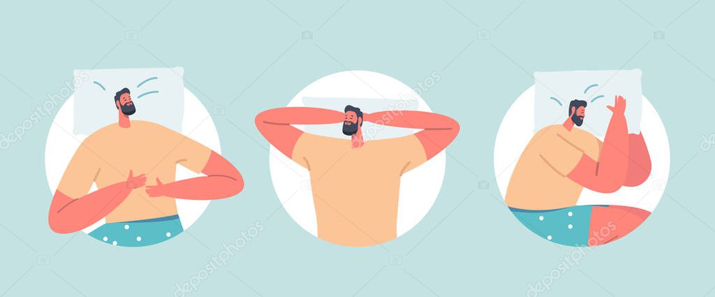 Men Sleep or Relaxing in Different Sleeping Pose Isolated Round Icons or Avatars. Male Character Lying in Bed Top View