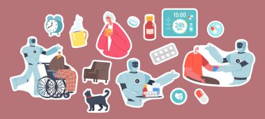 Çıkartmalı Robotlar Yaşlılara Yardım Ediyor. Yaşlılar için Gelecek Teknolojisi. Ai Cyborg Yaşlı adamla Tekerlekli sandalyede yürüyor