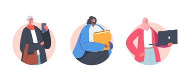 Kendinden emin Kadın Karakterler Kafkasyalı, Afrikalı veya Arap Etnik Giyimi Ayrı Yuvarlak Simgeler veya Görseller Giyer