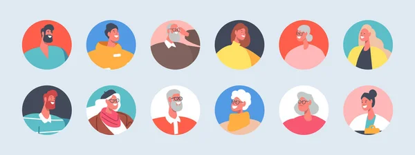 Set van mensen Avatars, tieners, senior, jonge en volwassen mannen of vrouwen portretten, geïsoleerde ronde pictogrammen, personages gezichten — Stockvector