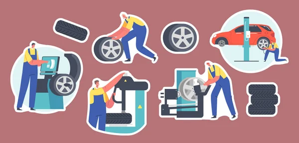 Set Stickers Travailleurs Changer de pneus au garage. Les personnages masculins portent des pneus de montage uniforme sur le stand de voiture sur l'ascenseur à l'atelier — Image vectorielle