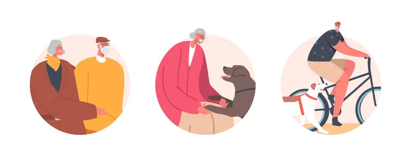 Las personas mayores caminan, montan en bicicleta, pasan tiempo con iconos aislados para perros. Personajes masculinos o femeninos envejecidos Paseo en pareja — Vector de stock