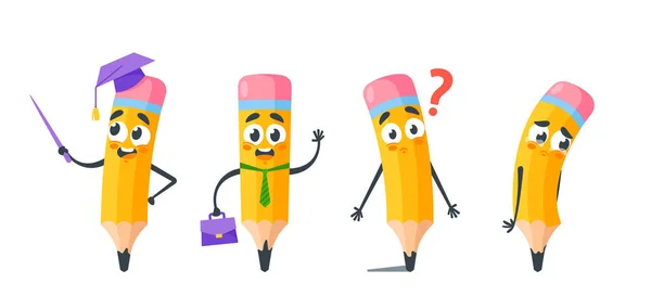 The Set of Cartoon Pencils wear Graduation Cap with Pointer, Happy Businessman with Briefcase, Confused Personage — стоковий вектор