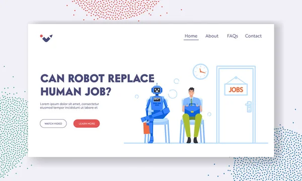 Kan Robotar ersätta Mänskliga Jobb Landning Page Mall. Cyborg och affärsman väntar inbjudan till intervju i lobbyn — Stock vektor