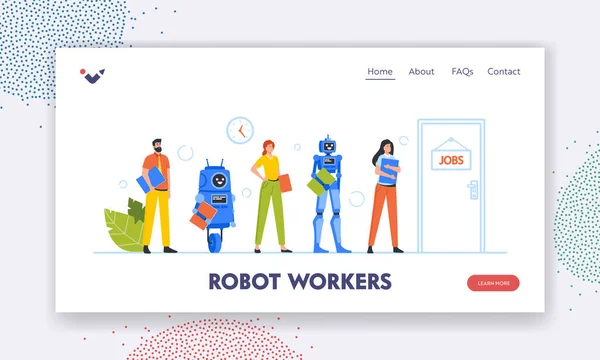 Cyborg VS People Workers Landing Page Template. Robots y personajes de solicitantes humanos están en cola esperando entrevista — Vector de stock