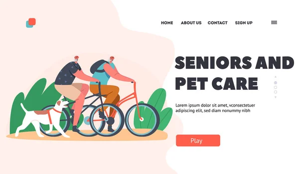 Tercera edad y cuidado de mascotas Plantilla de Landing Page. Personajes de pareja de ancianos montando bicicleta con perro en el parque, actividad al aire libre — Archivo Imágenes Vectoriales