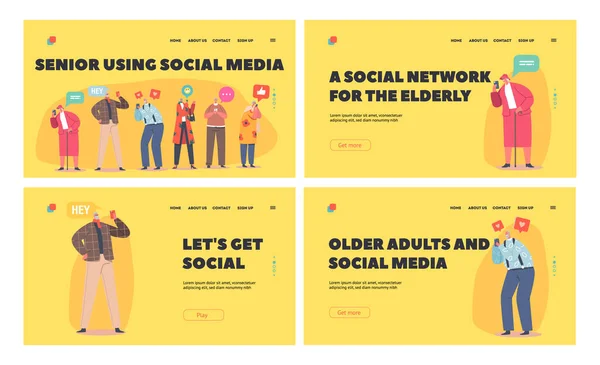 Seniors Use Social Media Landing Page Template Set Старі люди спілкуються в мережі. Персонажі з мобільними телефонами — стоковий вектор