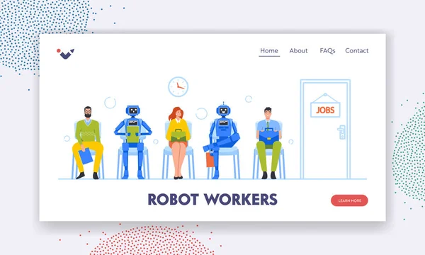 Robotar arbetare landning Page Mall. Mänskliga och droider väntar i lobbyn sittande på stolar. Karaktärer som anställer på företaget — Stock vektor