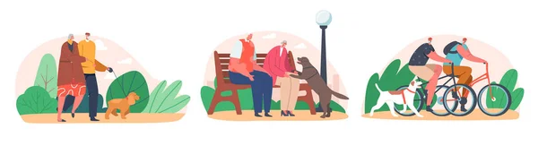 Paseo en pareja de ancianos con perro en el parque. Personajes Masculinos y Femeninos Mayores Pareja Relajado Paseo Marítimo, Siéntate en el Banco con Mascotas — Archivo Imágenes Vectoriales