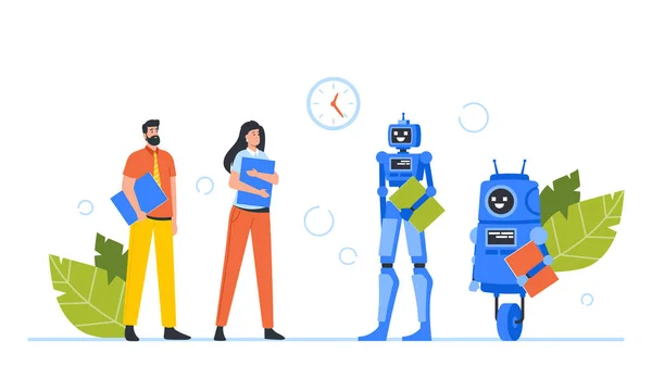 Robots en Human Waiting Hiring Interview in Office Hall. Robotisering en Cyborg VS People Concept. Zakelijke kenmerken — Stockvector