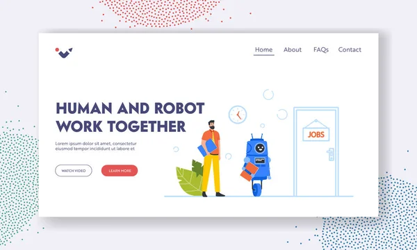 Manusia dan Mesin Menyewa Landing Page Template. Robot dan Pengusaha dengan Cv di Tangan Menunggu Undangan Kerja - Stok Vektor