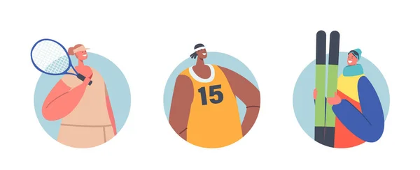 Sportler männliche und weibliche Charaktere isolierte runde Icons oder Avatare. Tennis- oder Basketballspieler, Skifahrer-Portraits — Stockvektor