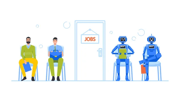 Cyborg VS People Concept. Robots y personajes humanos esperan para contratar entrevista de trabajo Siéntese en la cola en el Office Hall con el Cv — Vector de stock