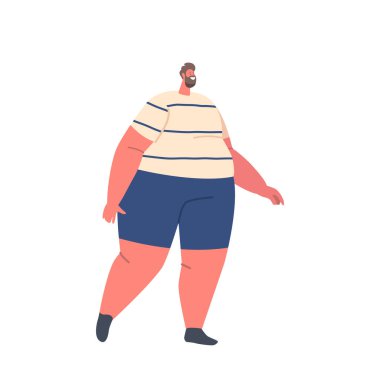 Erkek Karakteri Sağlıklı Yaşam. Şişman Şişman Adam, Beyaz Arkaplanda Ayrı Yürüyen Spor Takım Giyiyor. İnsan Kilosu Kaybı