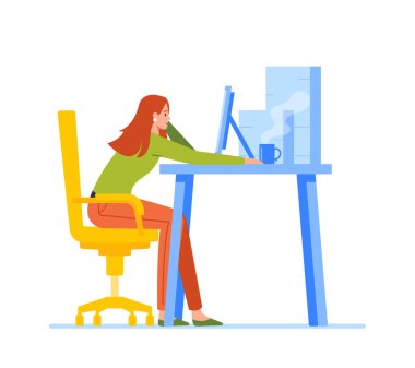 Stres, son teslim tarihi, Personel Yakma Konsepti. Masasında kahve fincanı olan aşırı yüklenmiş iş kadını Bilgisayarda otur