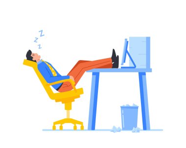 Tired Overworked Worker, Business Character Sleep with Legs Lying on Office Desk. Manager Postpone Work due Burnout clipart