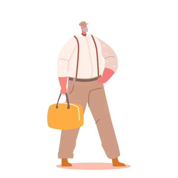 时尚男子穿着嬉皮士服装、吊带裤和黄色手提包、老男性角色、孤独寂寞的古板老人 — 图库矢量图片
