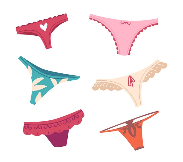 Set van Vrouwen Tanga Onderbroeken Collectie Geïsoleerd op Witte Achtergrond. Vrouwelijke Ondergoed Kleding, lingerie slipje — Stockvector