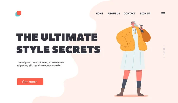 Ultimate Style Secrets Landing Page Template (em inglês). Velha senhora na moda com pouco cão nas mãos, personagem feminino envelhecido — Vetor de Stock