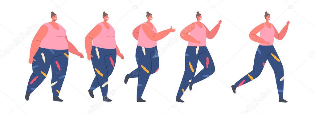 Weight Loss Concept. Fat Female Character Walking, Running and Become Slim. Transformation Stage by Stage of Obese