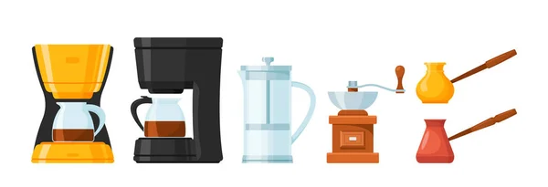 Máquina de café Aparato de cocina Icono aislado. cafetera exprés con maceta de vidrio, prensa francesa, cezve turco, amoladora — Vector de stock