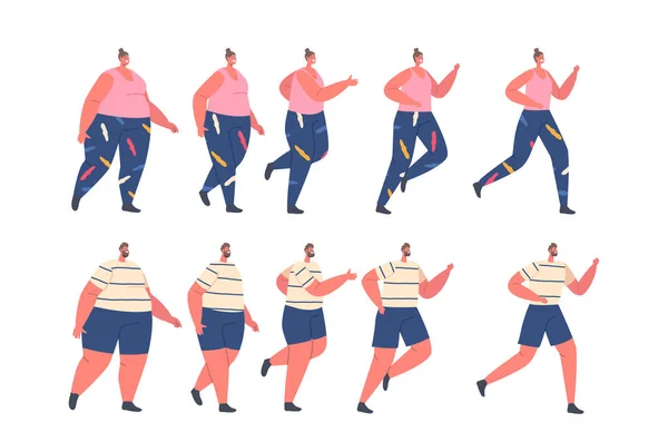 Establecer etapas de adelgazamiento, hombres y mujeres pérdida de peso. Los personajes femeninos masculinos gordos caminan y corren, transformación — Vector de stock