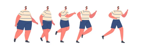 减肥阶段，体重减轻概念。肥胖男性角色的行走与奔跑，改变肥胖男性的时间线 — 图库矢量图片