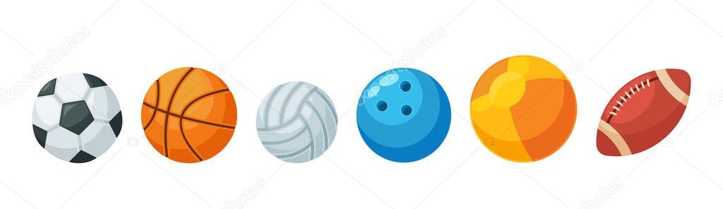 Balls for Different Sports and Recreational Activities. Set of Various Equipment for Sport Games Soccer, Basketball
