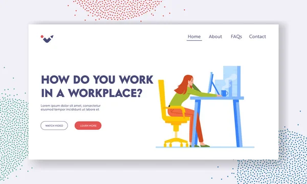 Empleado Burnout Landing Page Template. Mujer de negocios sobrecargada cansada con taza de café en el escritorio Siéntate en el escritorio del ordenador — Archivo Imágenes Vectoriales