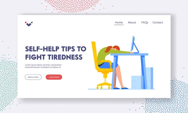 Self Help Tips to Fight Tiredness Landing Page Template. Exhausted Office Worker Professional Burnout, Overwork Symptoms — ストックベクタ