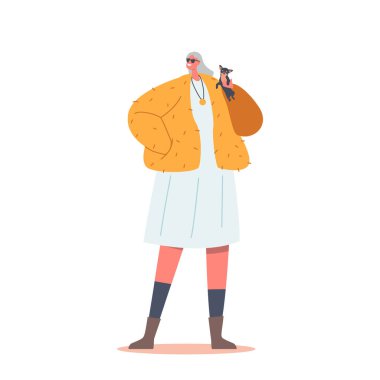 Ellerinde Küçük Köpek, Yaşlanmış Kadın Karakteri, Moda Giyimi Kısa Elbise, Kürk Ceket