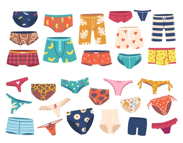 Set van Onderbroeken voor Mannen en Vrouwen, Slimming of Zwemondergoed Design. Sluiten, korte broeken en onderbroeken — Stockvector