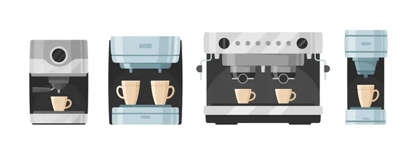 Set of Coffee Machines, Espresso Maker with Two or One Cup, Professional Full Automatic Barista Equipment for Cafe — Stock Vector