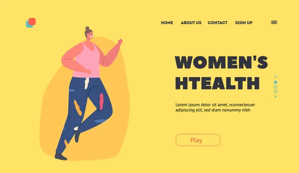 Women Health Landing Page Template. Overweight Woman Weight Loss, Walking, Young Plus Size Girl Character Exercising — ストックベクタ