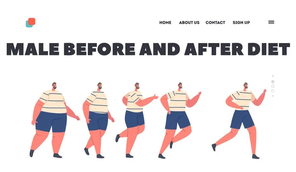 Αρσενικό πριν και μετά τη δίαιτα πρότυπο Landing Page. Fat Character Walk and Run, Μετασχηματισμός Χρονολόγιο από Στάδια — Διανυσματικό Αρχείο