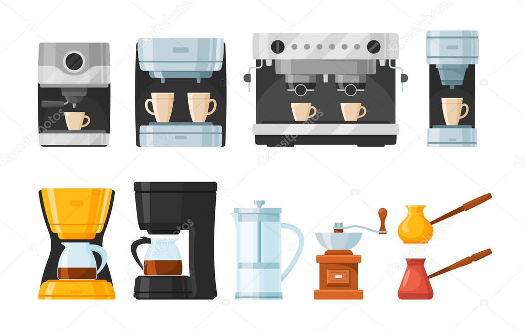 Set of Coffee Makers and Machines, Pot and Espresso Machine With Cup and Mug, French Press, Drip, Pour Over and Cezve